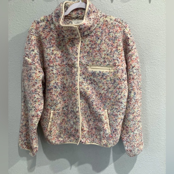 Aerie Athleisure Confetti Sherpa Teddy Lounge Rainbow Relaxed Fit Button Jacket - Picture 1 of 10